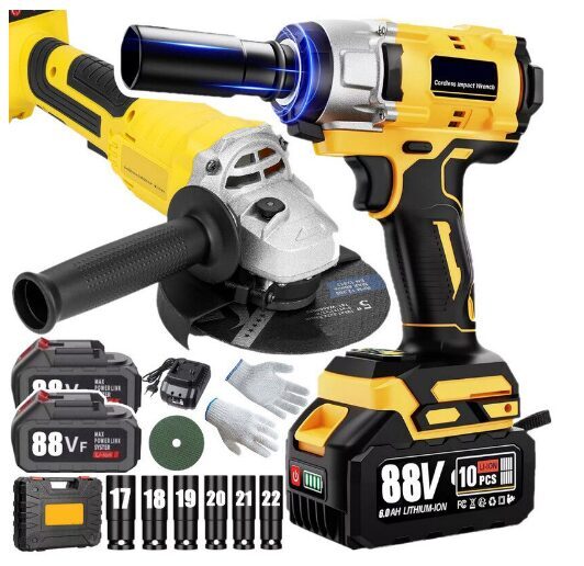 Akumuliatorinio smūginio veržliasūkio ir kampinio šlifuoklio rinkinys  2 akumuliatoriai 88V, 320 Nm, M14